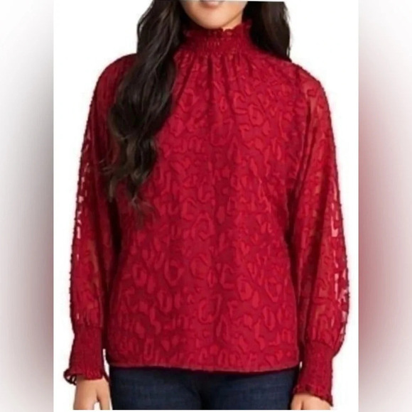 VINCE CAMUTO WOMEN'S  SMOCKED NECK TOP, RED/ Sz Large - Picture 1 of 11